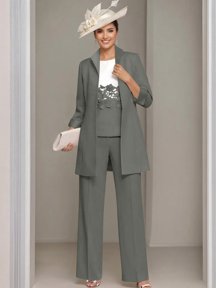 3 Pieces Square-Neck Ankle Length Mother of the Bride Pantsuits with Jacket & Appliques Lace