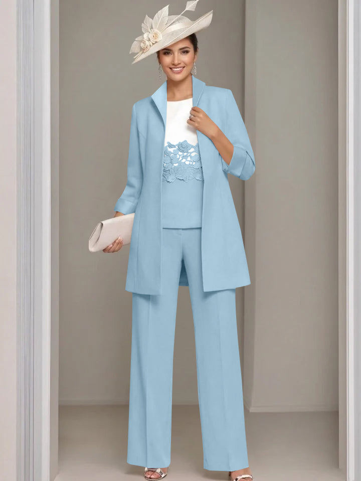 3 Pieces Square-Neck Ankle Length Mother of the Bride Pantsuits with Jacket & Appliques Lace