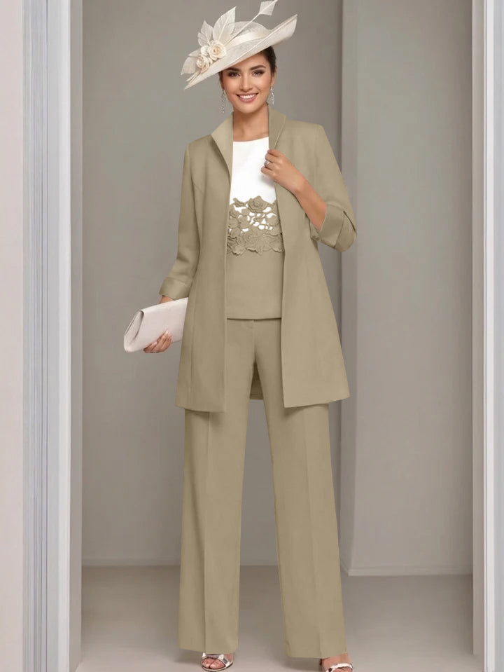 3 Pieces Square-Neck Ankle Length Mother of the Bride Pantsuits with Jacket & Appliques Lace
