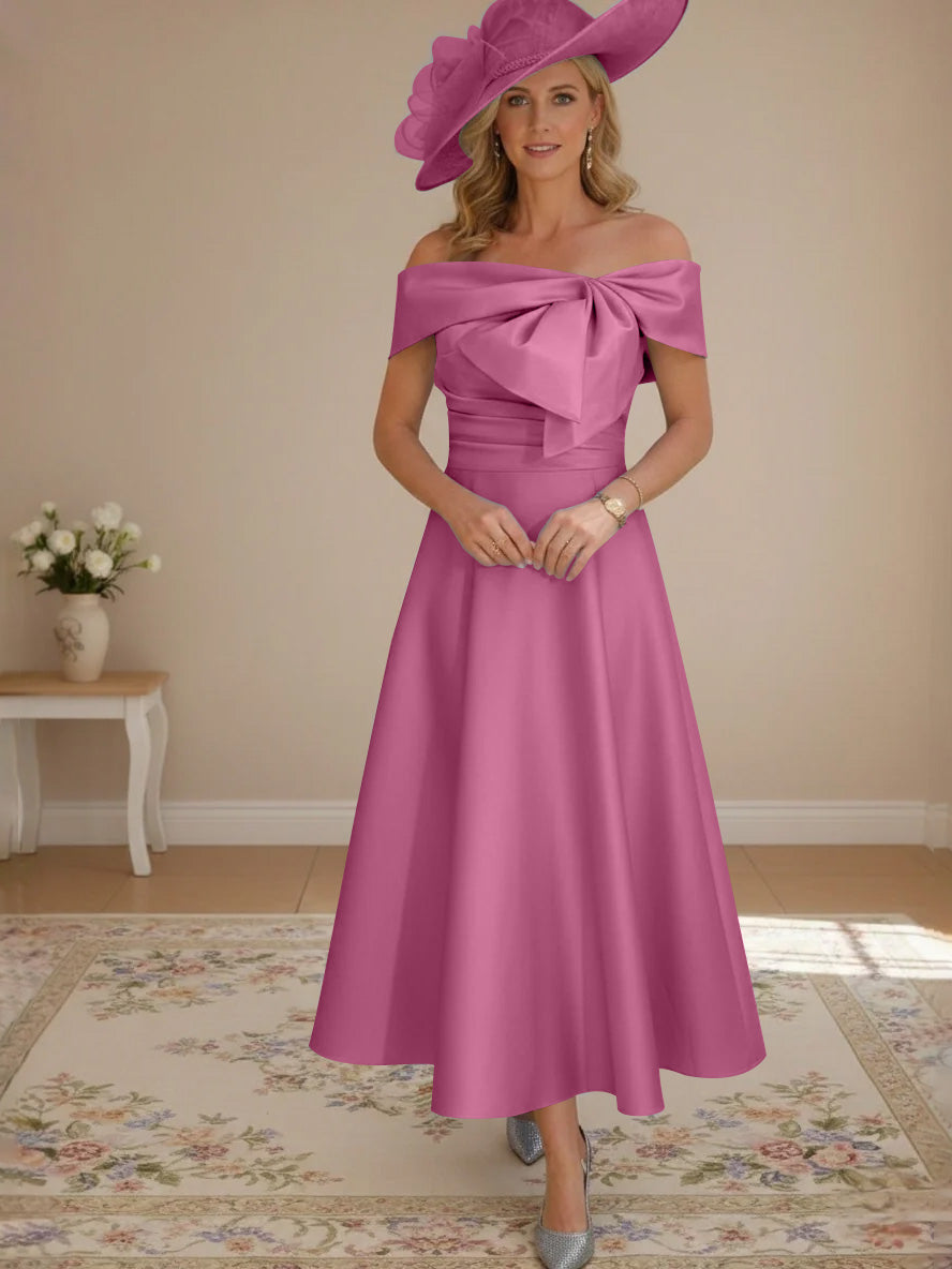 A-Line/Princess Off-the-Shoulder Tea-Length Mother of the Bride Dresses with Bowknot & Pocket