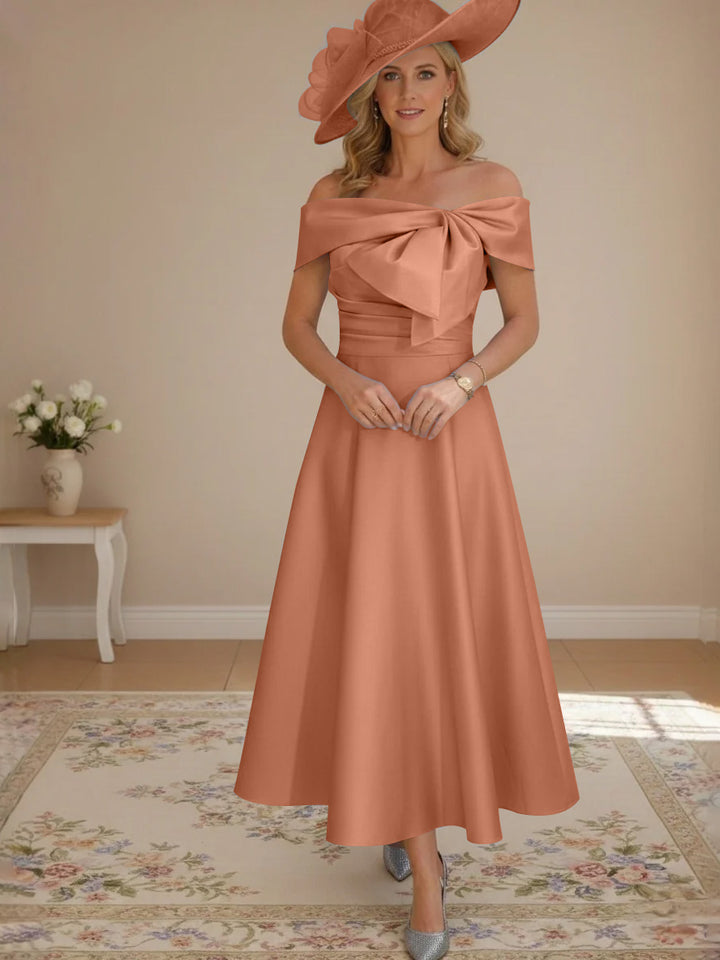 A-Line/Princess Off-the-Shoulder Tea-Length Mother of the Bride Dresses with Bowknot & Pocket