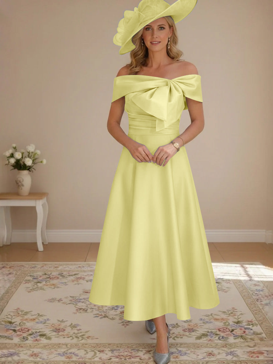 A-Line/Princess Off-the-Shoulder Tea-Length Mother of the Bride Dresses with Bowknot & Pocket