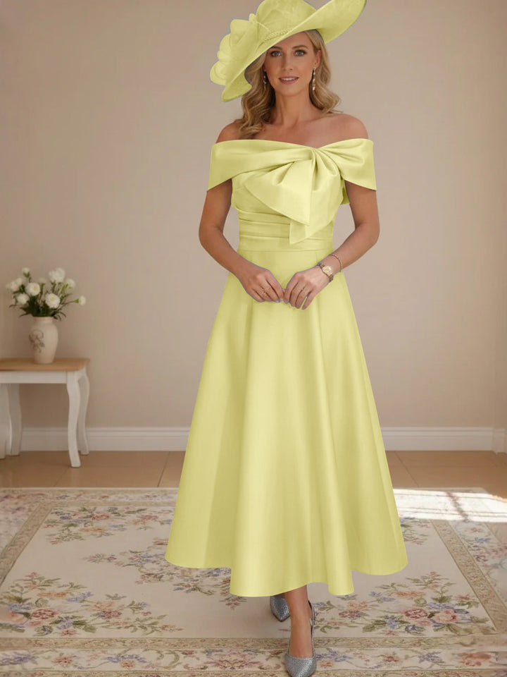 A-Line/Princess Off-the-Shoulder Tea-Length Mother of the Bride Dresses with Bowknot & Pocket