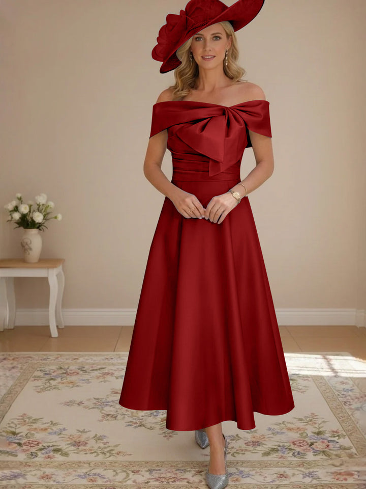 A-Line/Princess Off-the-Shoulder Tea-Length Mother of the Bride Dresses with Bowknot & Pocket