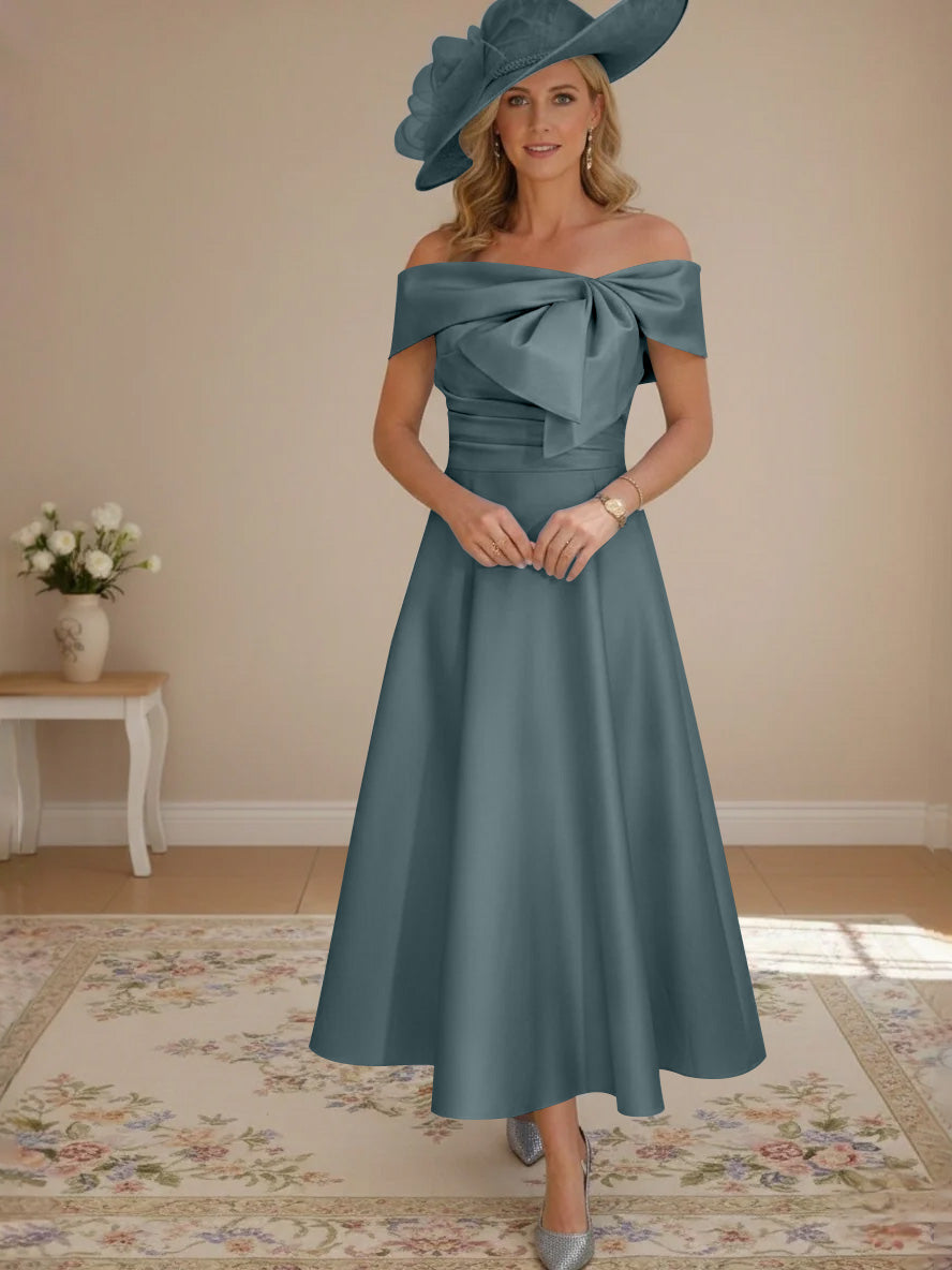 A-Line/Princess Off-the-Shoulder Tea-Length Mother of the Bride Dresses with Bowknot & Pocket