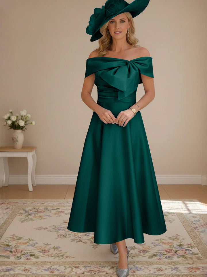 A-Line/Princess Off-the-Shoulder Tea-Length Mother of the Bride Dresses with Bowknot & Pocket