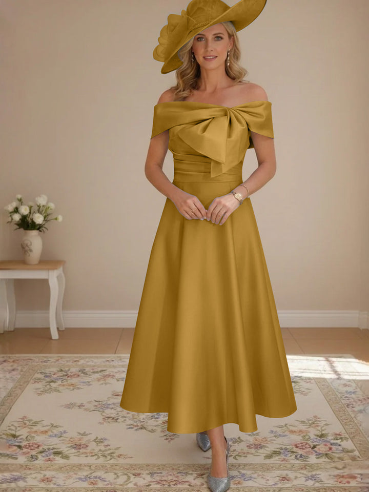 A-Line/Princess Off-the-Shoulder Tea-Length Mother of the Bride Dresses with Bowknot & Pocket