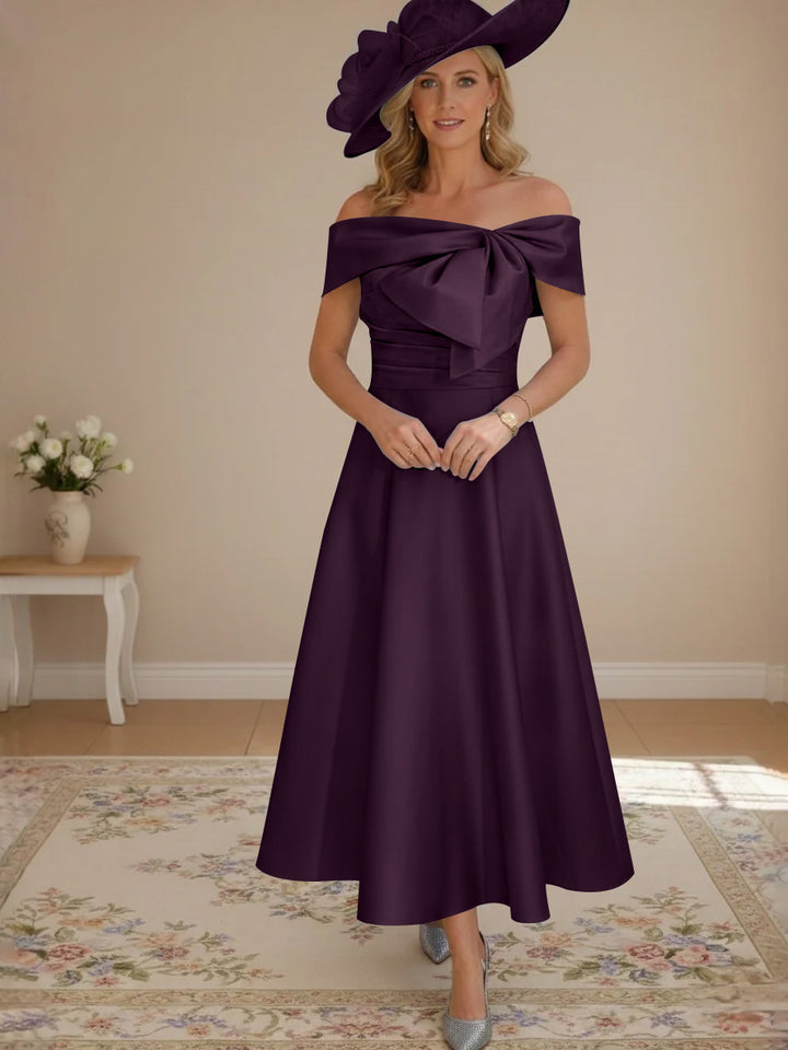 A-Line/Princess Off-the-Shoulder Tea-Length Mother of the Bride Dresses with Bowknot & Pocket