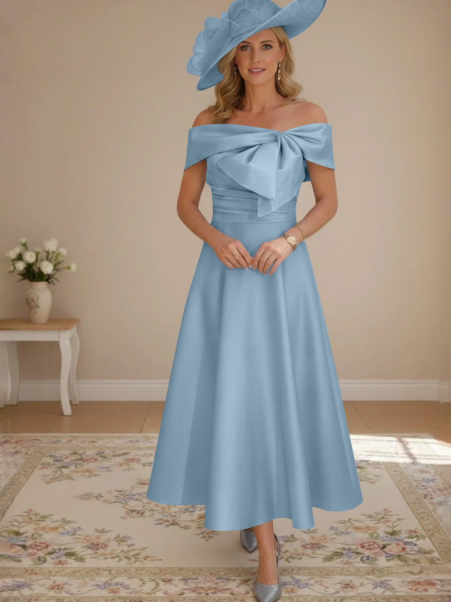 A-Line/Princess Off-the-Shoulder Tea-Length Mother of the Bride Dresses with Bowknot & Pocket