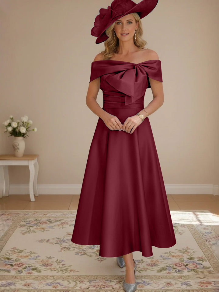 A-Line/Princess Off-the-Shoulder Tea-Length Mother of the Bride Dresses with Bowknot & Pocket