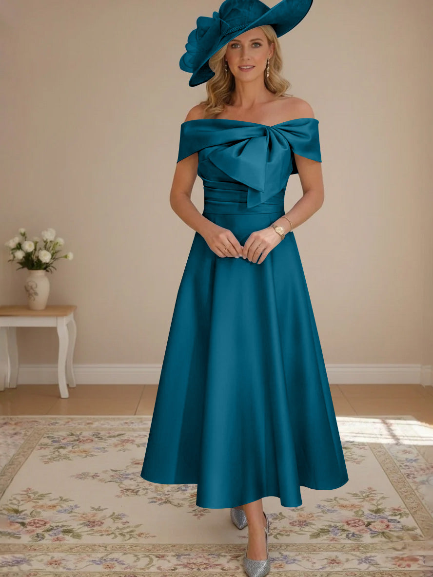 A-Line/Princess Off-the-Shoulder Tea-Length Mother of the Bride Dresses with Bowknot & Pocket