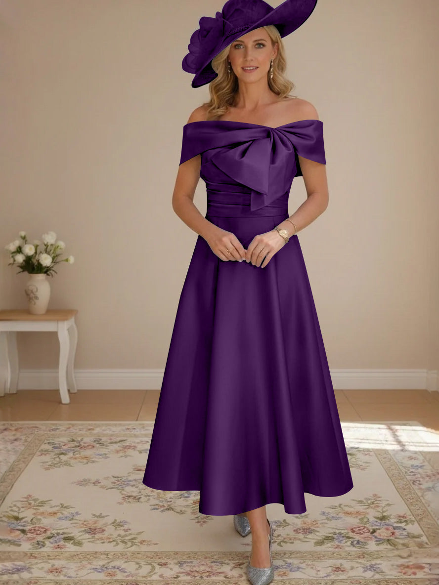 A-Line/Princess Off-the-Shoulder Tea-Length Mother of the Bride Dresses with Bowknot & Pocket