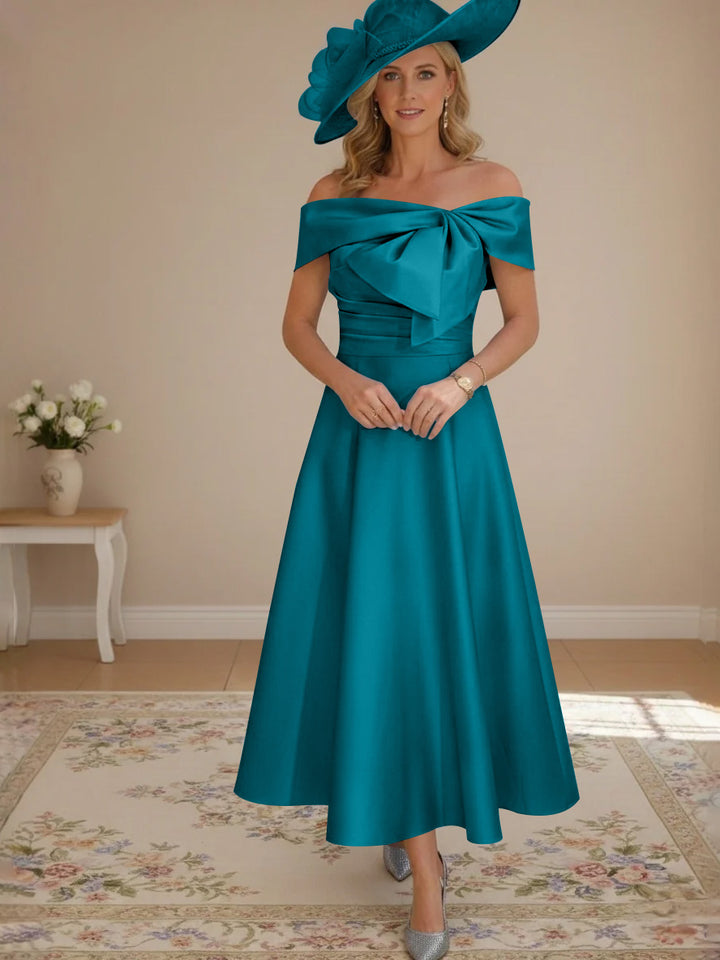 A-Line/Princess Off-the-Shoulder Tea-Length Mother of the Bride Dresses with Bowknot & Pocket