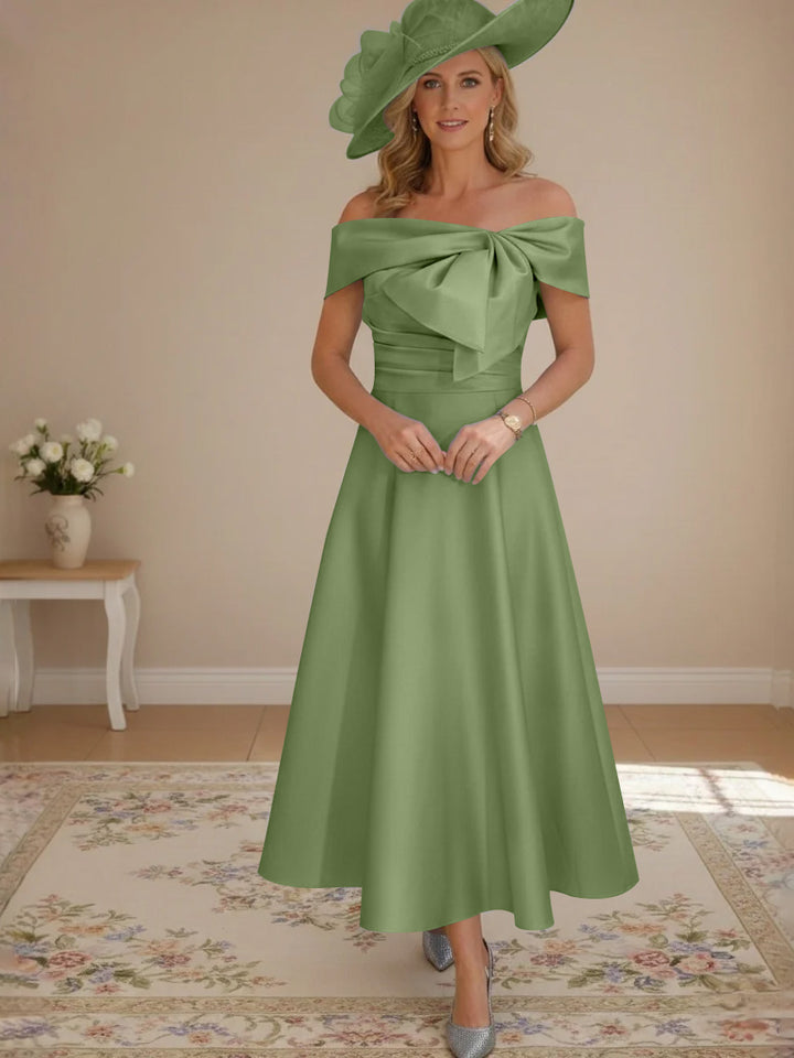 A-Line/Princess Off-the-Shoulder Tea-Length Mother of the Bride Dresses with Bowknot & Pocket