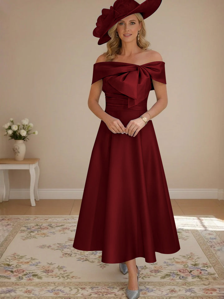 A-Line/Princess Off-the-Shoulder Tea-Length Mother of the Bride Dresses with Bowknot & Pocket