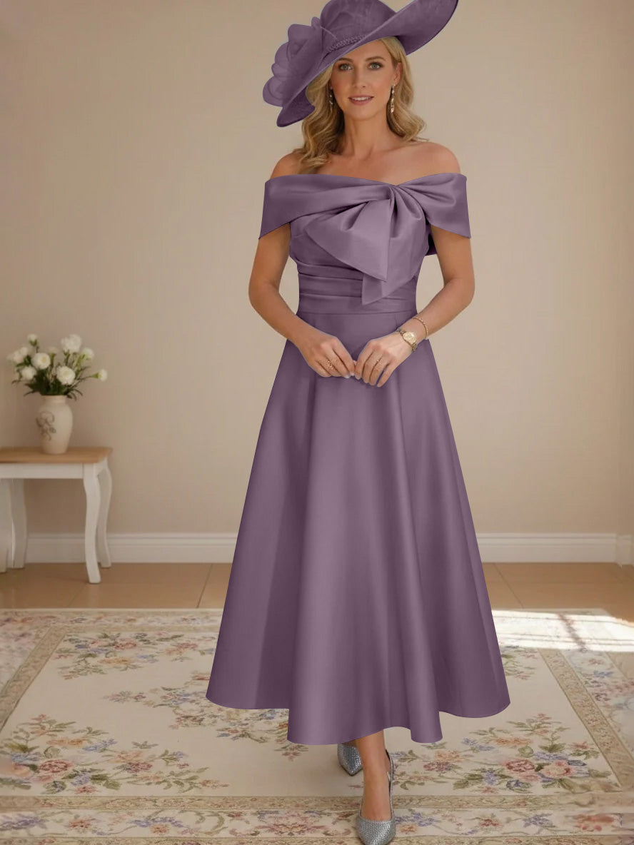A-Line/Princess Off-the-Shoulder Tea-Length Mother of the Bride Dresses with Bowknot & Pocket