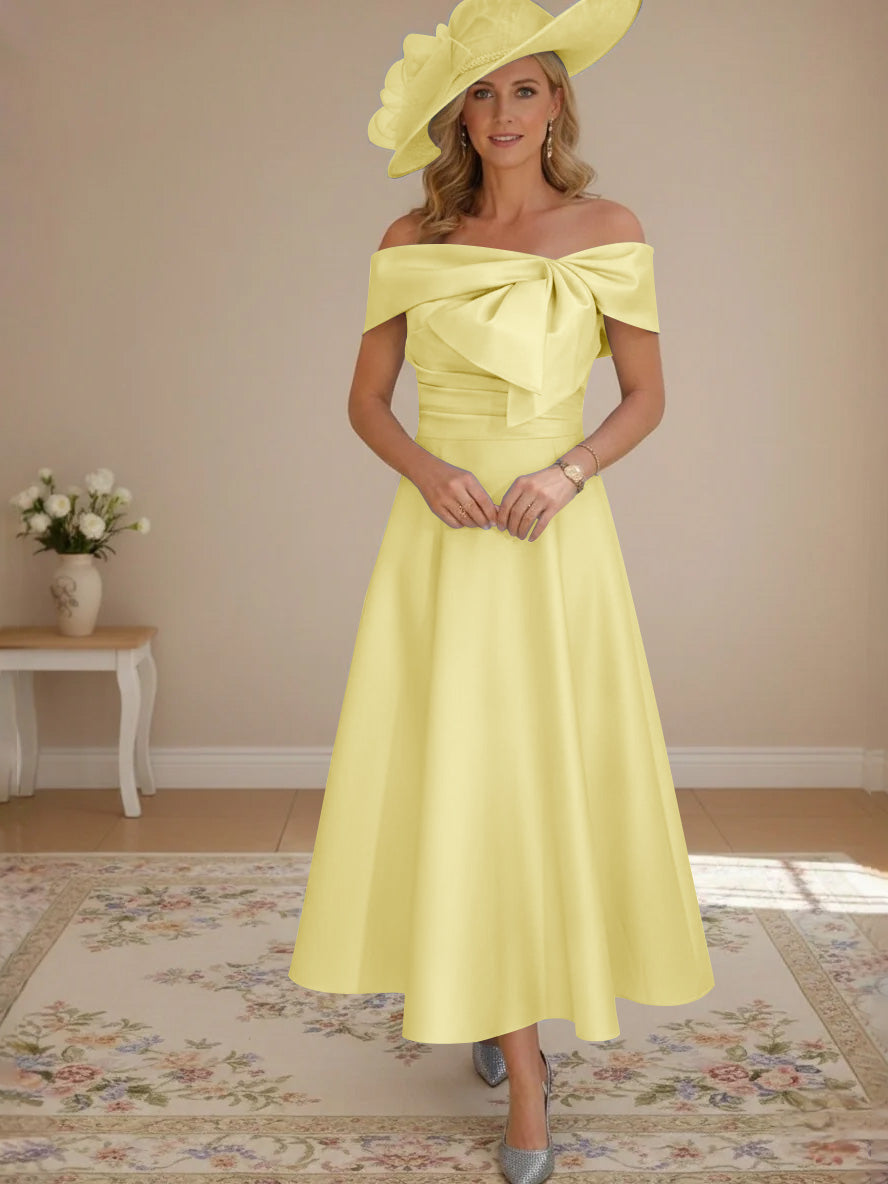 A-Line/Princess Off-the-Shoulder Tea-Length Mother of the Bride Dresses with Bowknot & Pocket