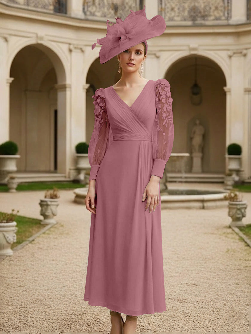 A-Line/Princess V-Neck Chiffon Mother of the Bride Dresses with 3D Flower