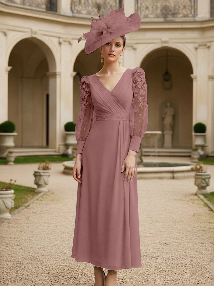 A-Line/Princess V-Neck Chiffon Mother of the Bride Dresses with 3D Flower