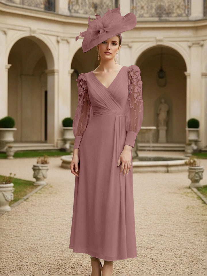 A-Line/Princess V-Neck Chiffon Mother of the Bride Dresses with 3D Flower
