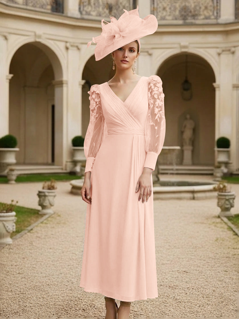 A-Line/Princess V-Neck Chiffon Mother of the Bride Dresses with 3D Flower