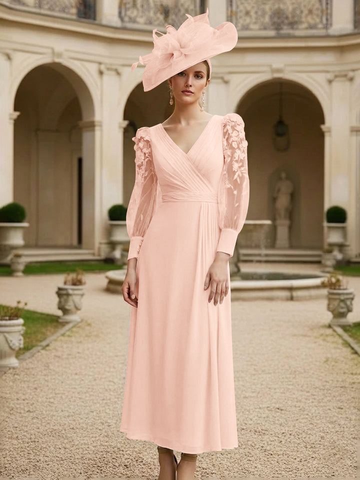 A-Line/Princess V-Neck Chiffon Mother of the Bride Dresses with 3D Flower