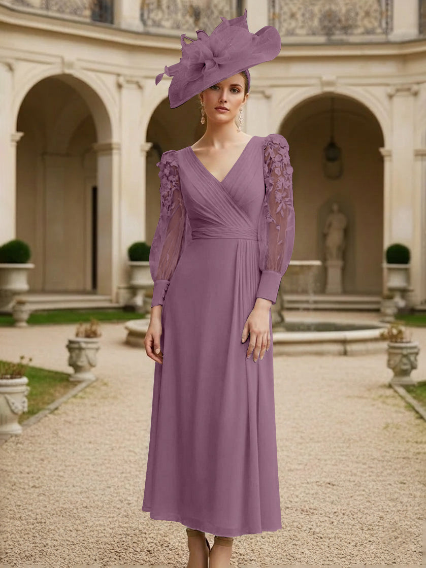 A-Line/Princess V-Neck Chiffon Mother of the Bride Dresses with 3D Flower