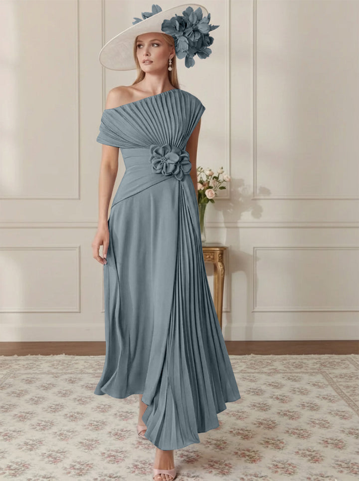 A-Line/Princess Off-the-Shoulder Asymmetrical Ankle-Length Mother of the Bride Dresses With Pleats
