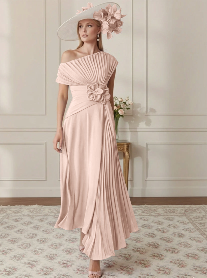 A-Line/Princess Off-the-Shoulder Asymmetrical Ankle-Length Mother of the Bride Dresses With Pleats