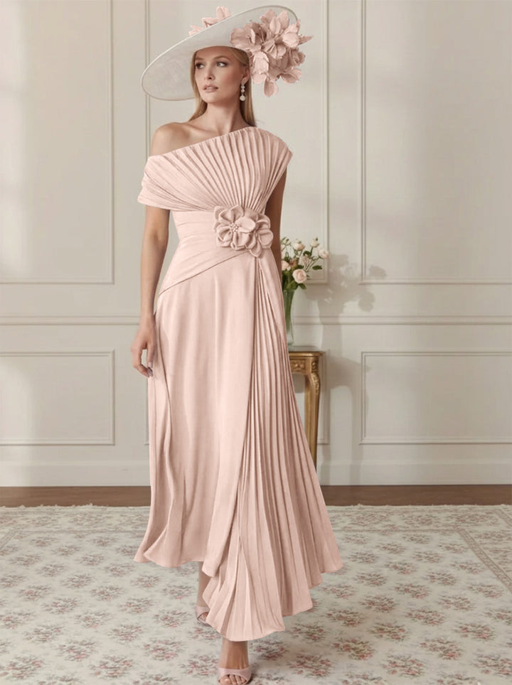 A-Line/Princess Off-the-Shoulder Asymmetrical Ankle-Length Mother of the Bride Dresses With Pleats