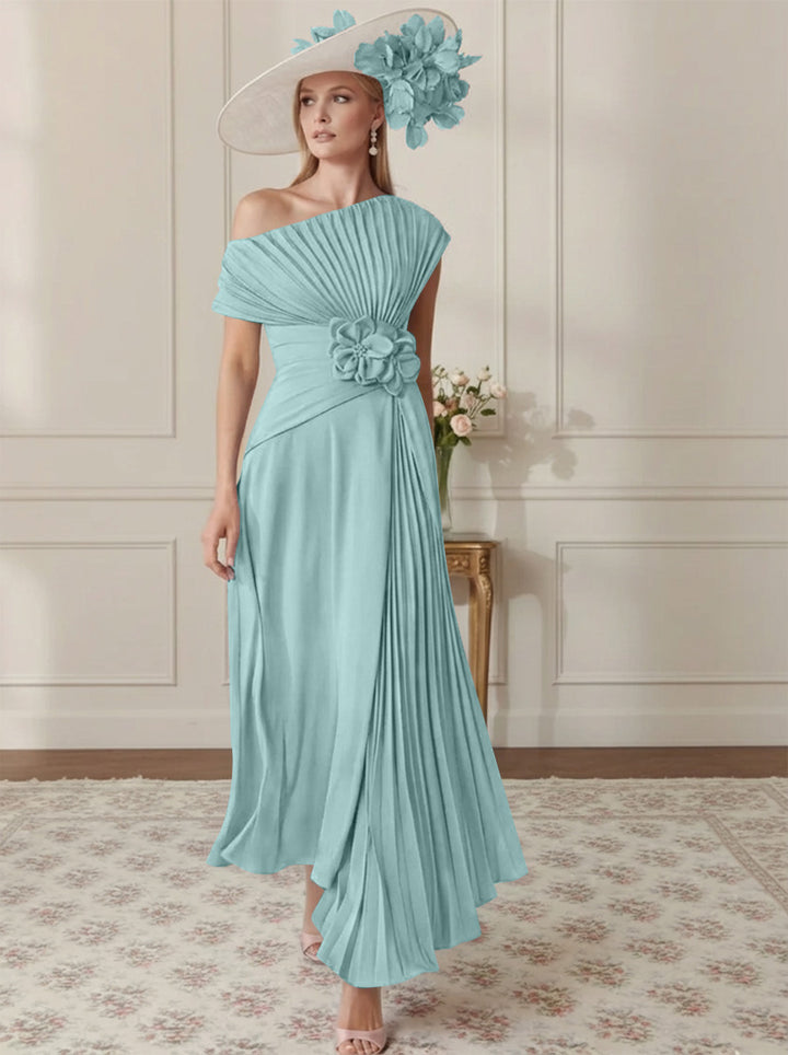 A-Line/Princess Off-the-Shoulder Asymmetrical Ankle-Length Mother of the Bride Dresses With Pleats