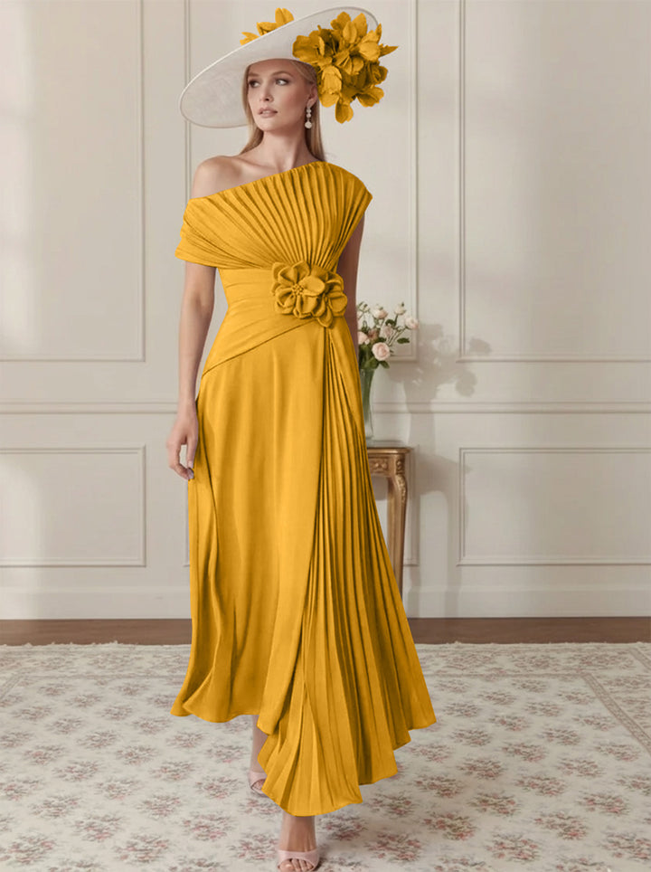 A-Line/Princess Off-the-Shoulder Asymmetrical Ankle-Length Mother of the Bride Dresses With Pleats