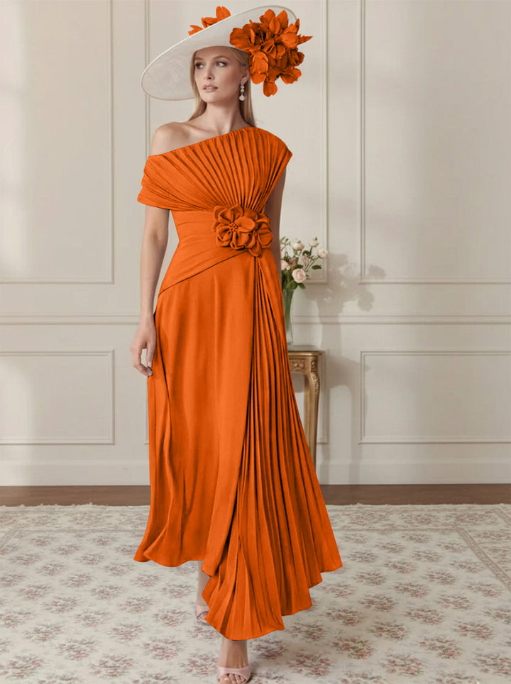 A-Line/Princess Off-the-Shoulder Asymmetrical Ankle-Length Mother of the Bride Dresses With Pleats