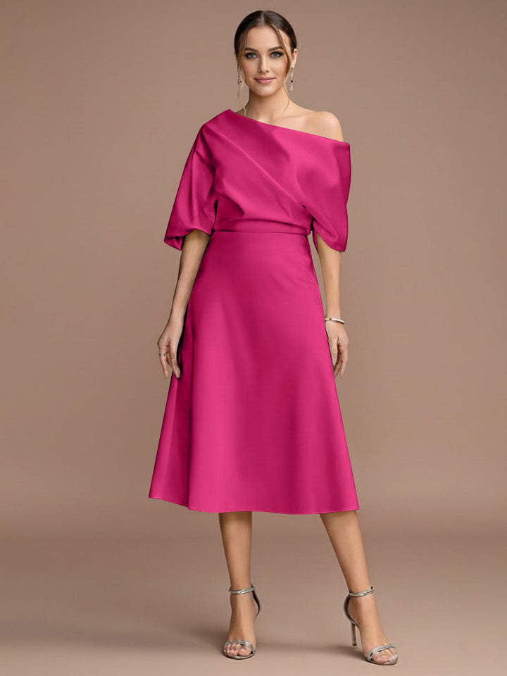 A-Line/Princess One-shoulder Short Sleeves Tea-Length Mother of the Bride Dresses with Ruffles