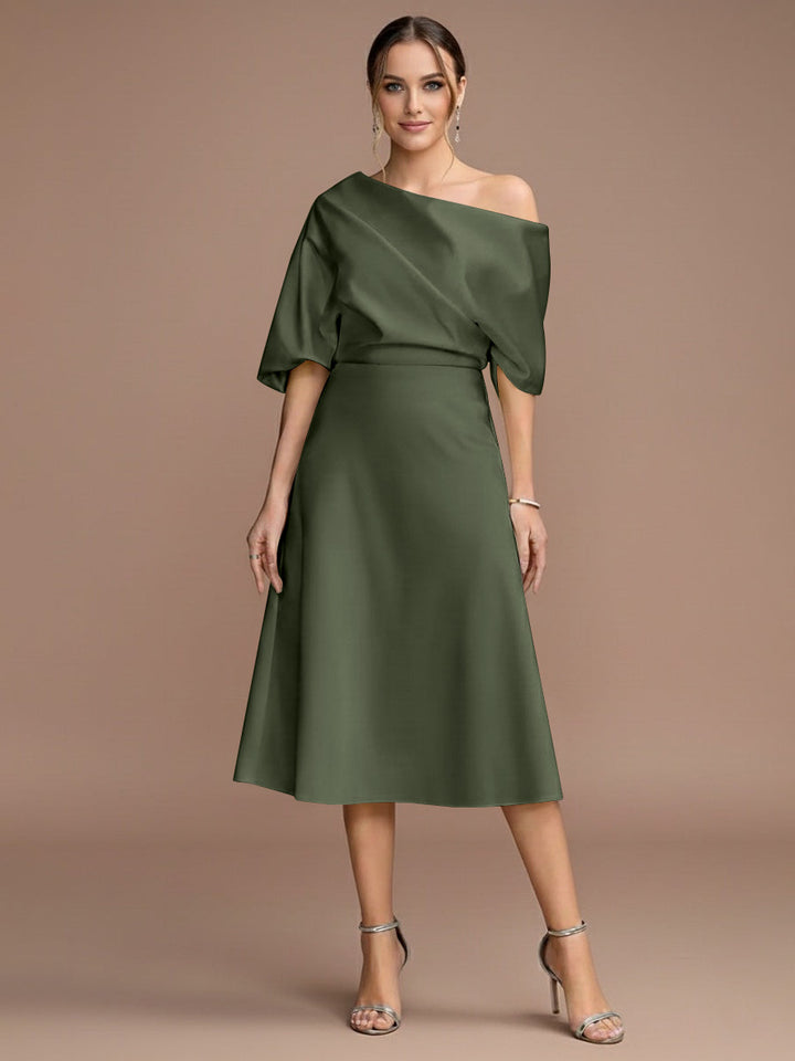 A-Line/Princess One-shoulder Short Sleeves Tea-Length Mother of the Bride Dresses with Ruffles