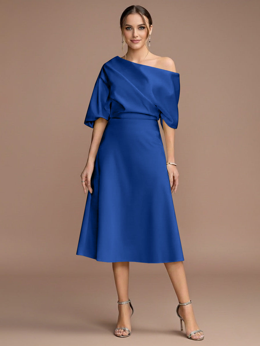 A-Line/Princess One-shoulder Short Sleeves Tea-Length Mother of the Bride Dresses with Ruffles