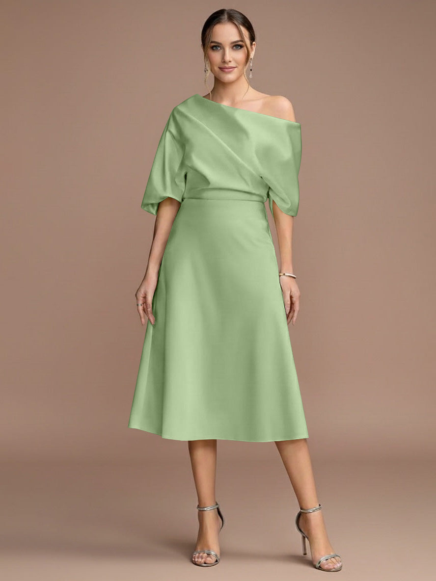 A-Line/Princess One-shoulder Short Sleeves Tea-Length Mother of the Bride Dresses with Ruffles