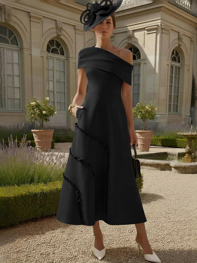 A-Line/Princess One-Shoulder Stretch Satin Mother of the Bride Dresses Tea-Length Sleeveless