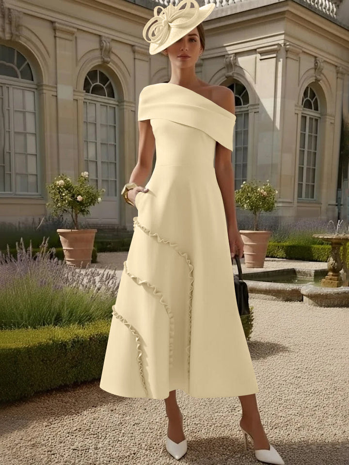 A-Line/Princess One-Shoulder Stretch Satin Mother of the Bride Dresses Tea-Length Sleeveless