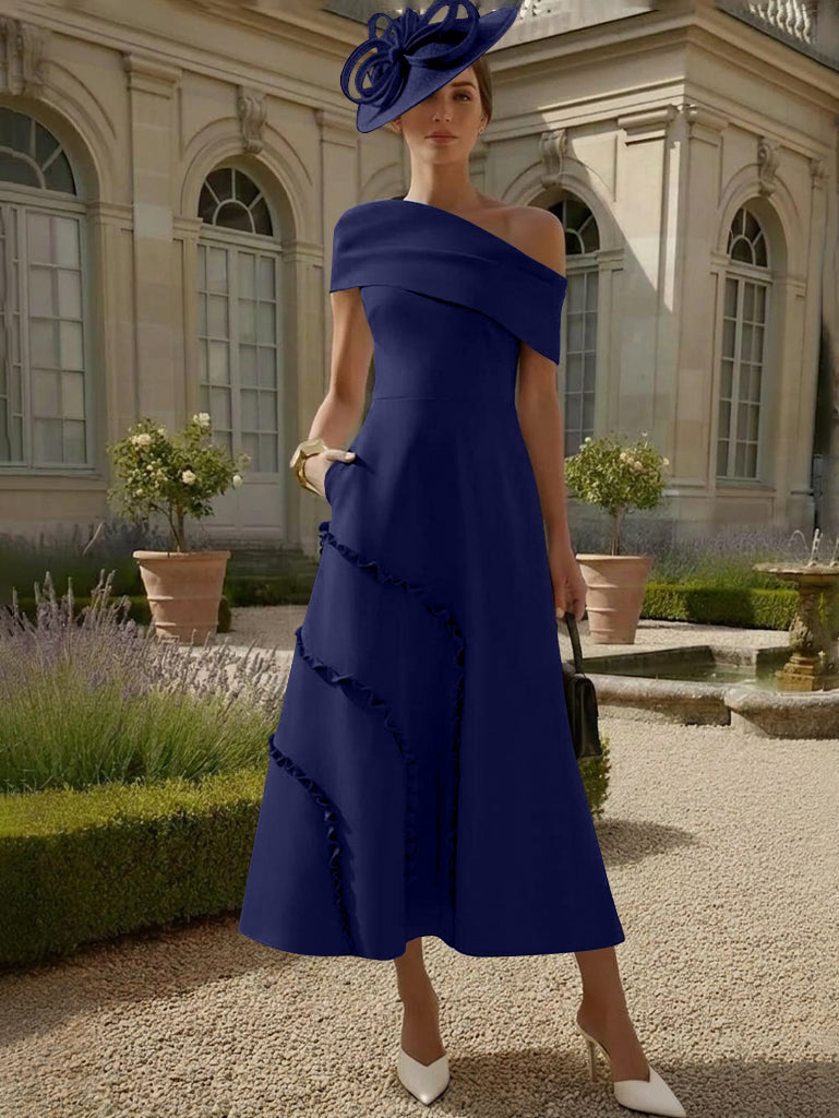 A-Line/Princess One-Shoulder Stretch Satin Mother of the Bride Dresses Tea-Length Sleeveless