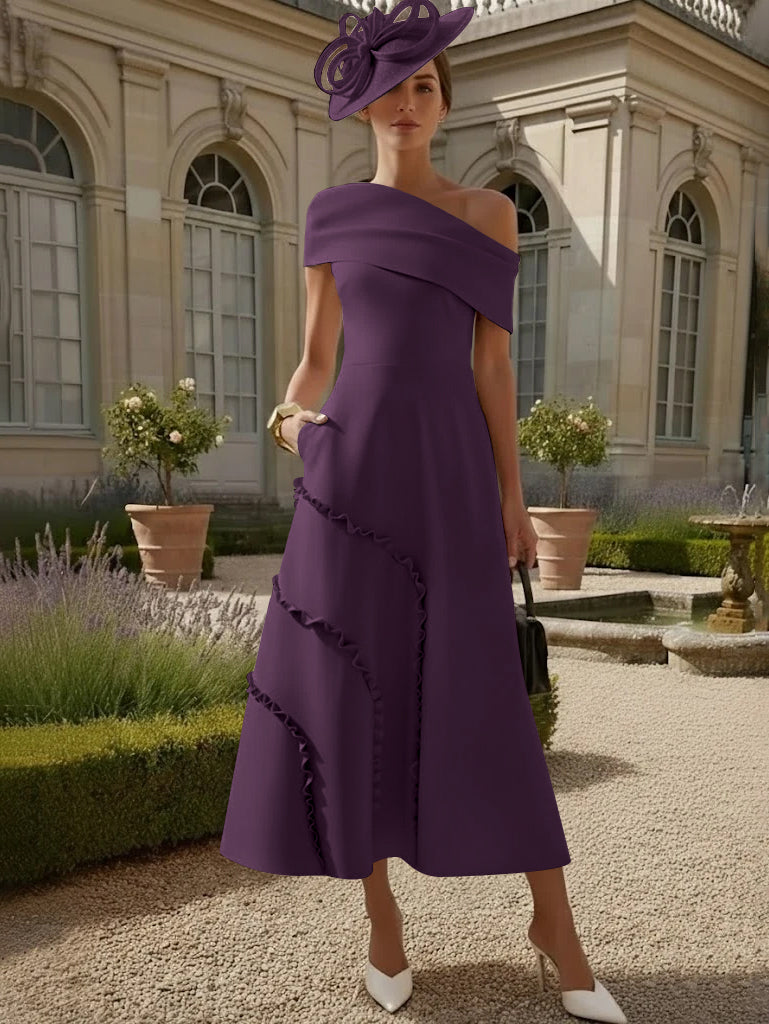 A-Line/Princess One-Shoulder Stretch Satin Mother of the Bride Dresses Tea-Length Sleeveless