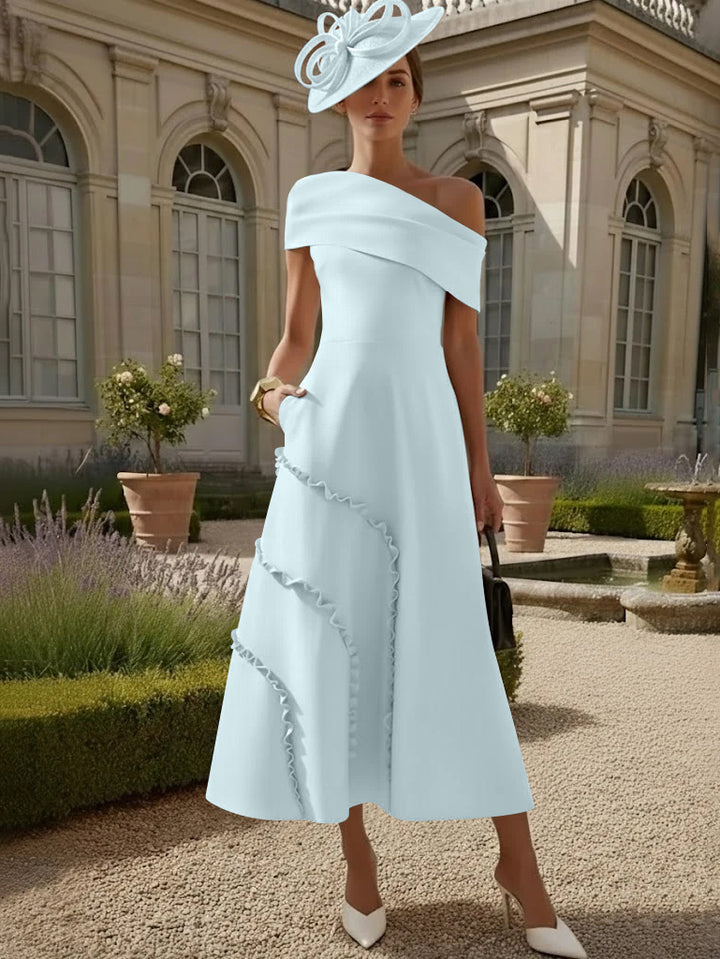 A-Line/Princess One-Shoulder Stretch Satin Mother of the Bride Dresses Tea-Length Sleeveless