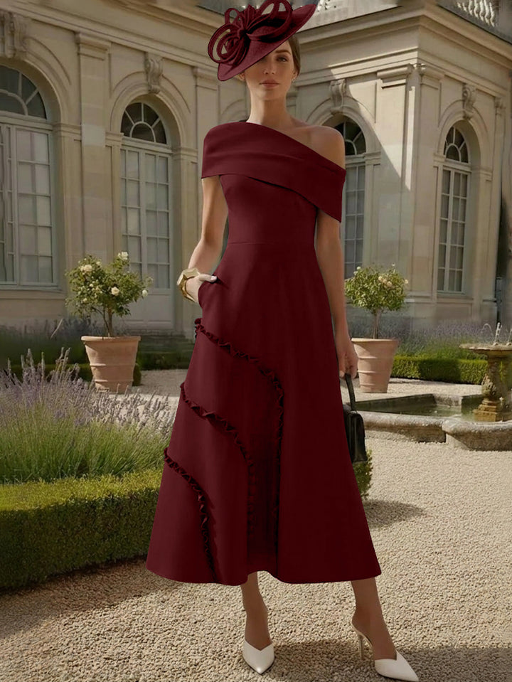 A-Line/Princess One-Shoulder Stretch Satin Mother of the Bride Dresses Tea-Length Sleeveless
