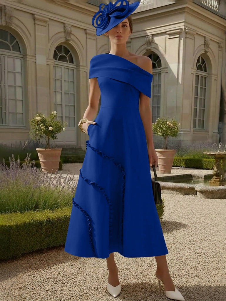 A-Line/Princess One-Shoulder Stretch Satin Mother of the Bride Dresses Tea-Length Sleeveless