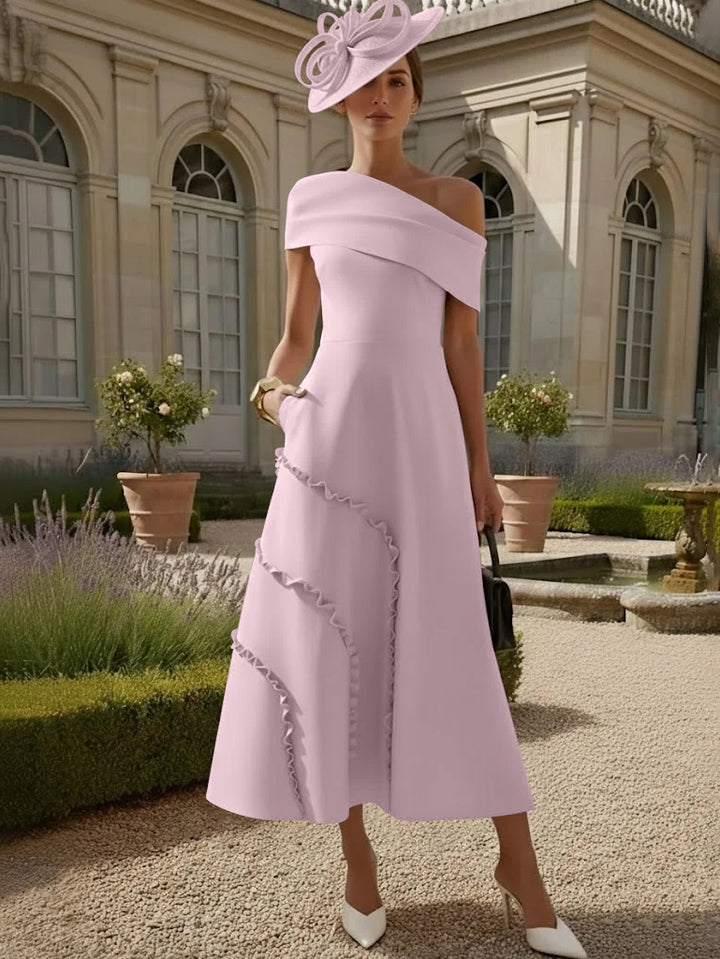 A-Line/Princess One-Shoulder Stretch Satin Mother of the Bride Dresses Tea-Length Sleeveless