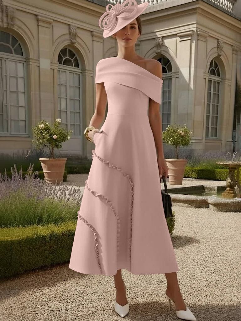 A-Line/Princess One-Shoulder Stretch Satin Mother of the Bride Dresses Tea-Length Sleeveless