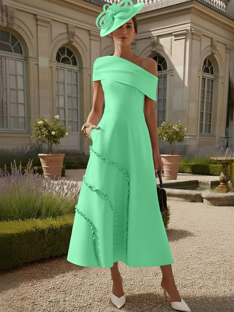 A-Line/Princess One-Shoulder Stretch Satin Mother of the Bride Dresses Tea-Length Sleeveless