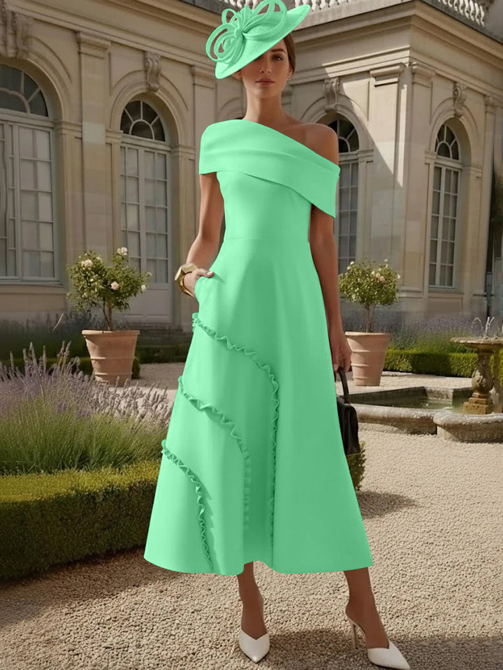 A-Line/Princess One-Shoulder Stretch Satin Mother of the Bride Dresses Tea-Length Sleeveless