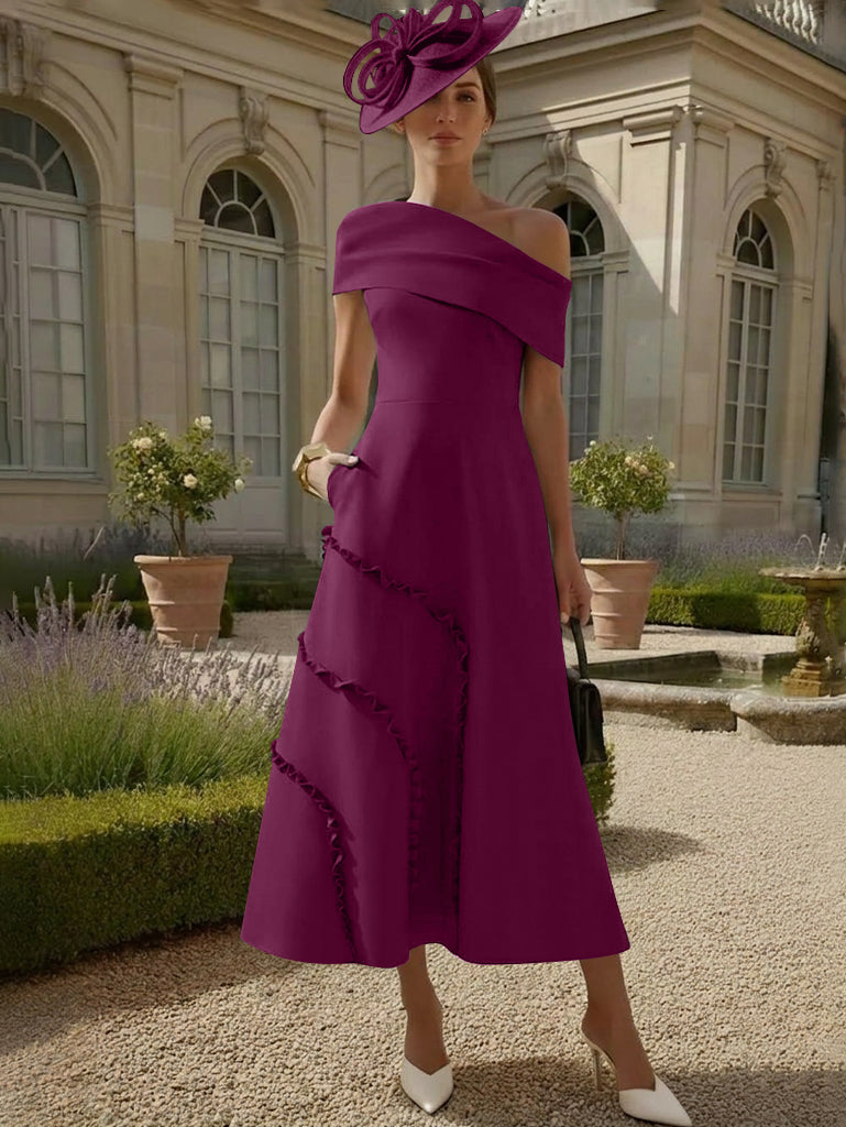 A-Line/Princess One-Shoulder Stretch Satin Mother of the Bride Dresses Tea-Length Sleeveless