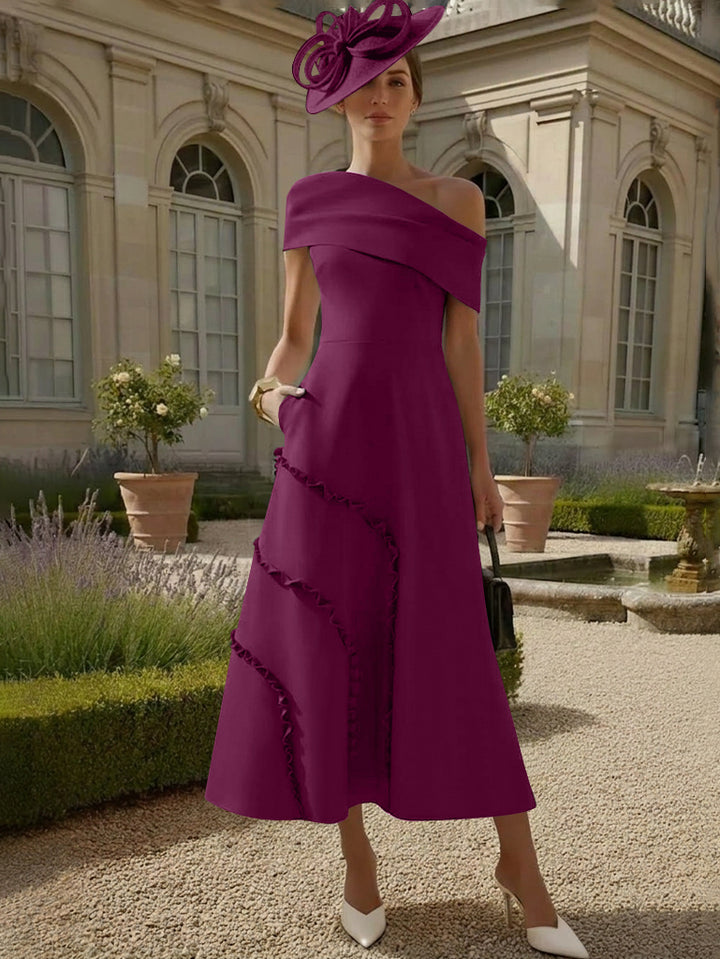 A-Line/Princess One-Shoulder Stretch Satin Mother of the Bride Dresses Tea-Length Sleeveless